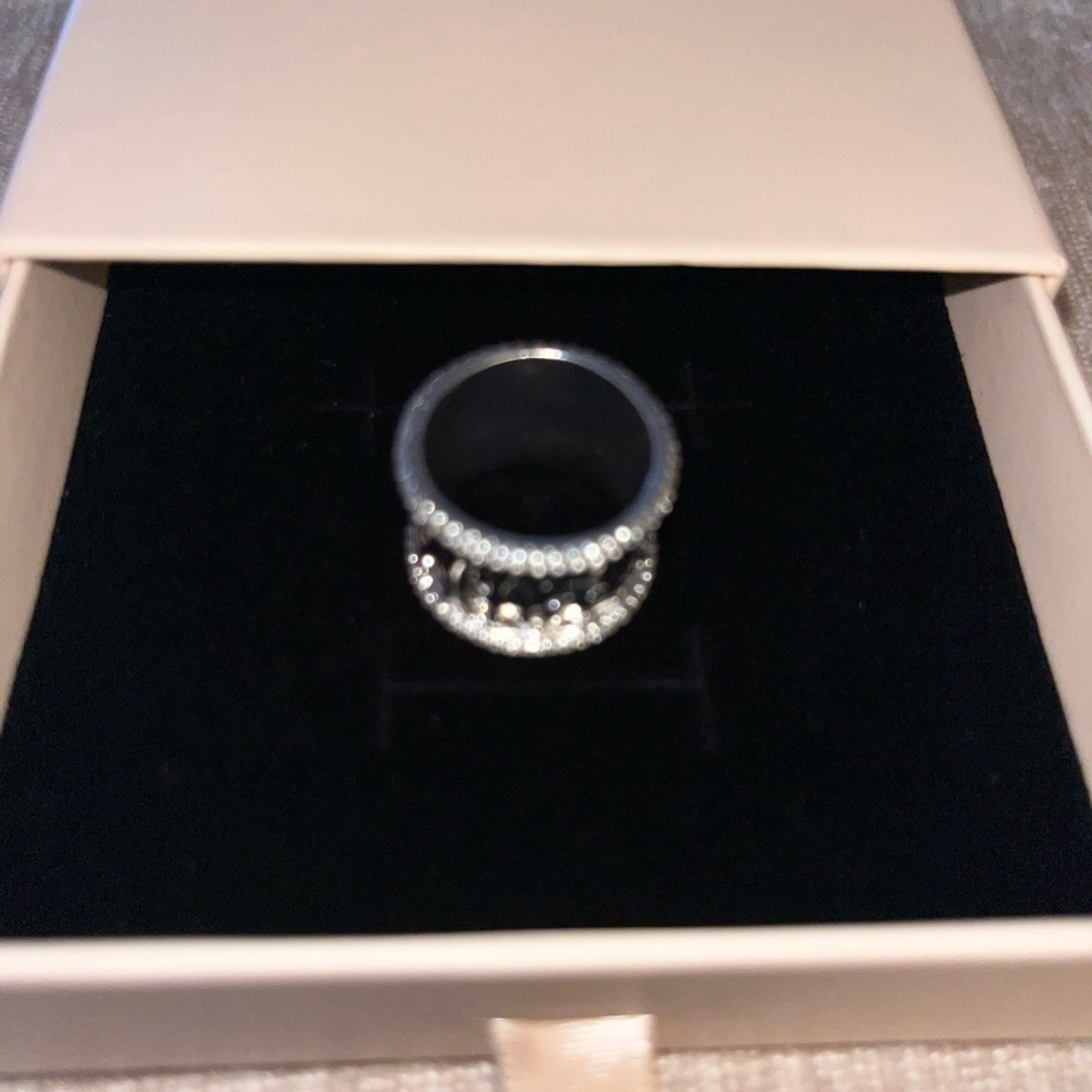 Hammered Silver Wide Band Ring with Pavé Edge Accents - Silver - Picture 13 of 14